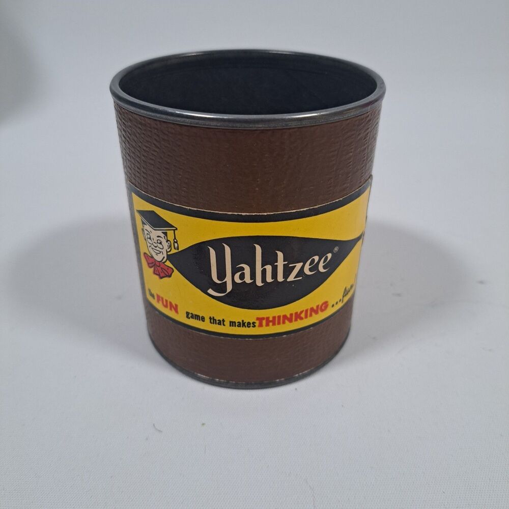 1956 Yahtzee Dice Cup ES Lowe Replacement Shaker Game Vintage Old Brown Yellow
